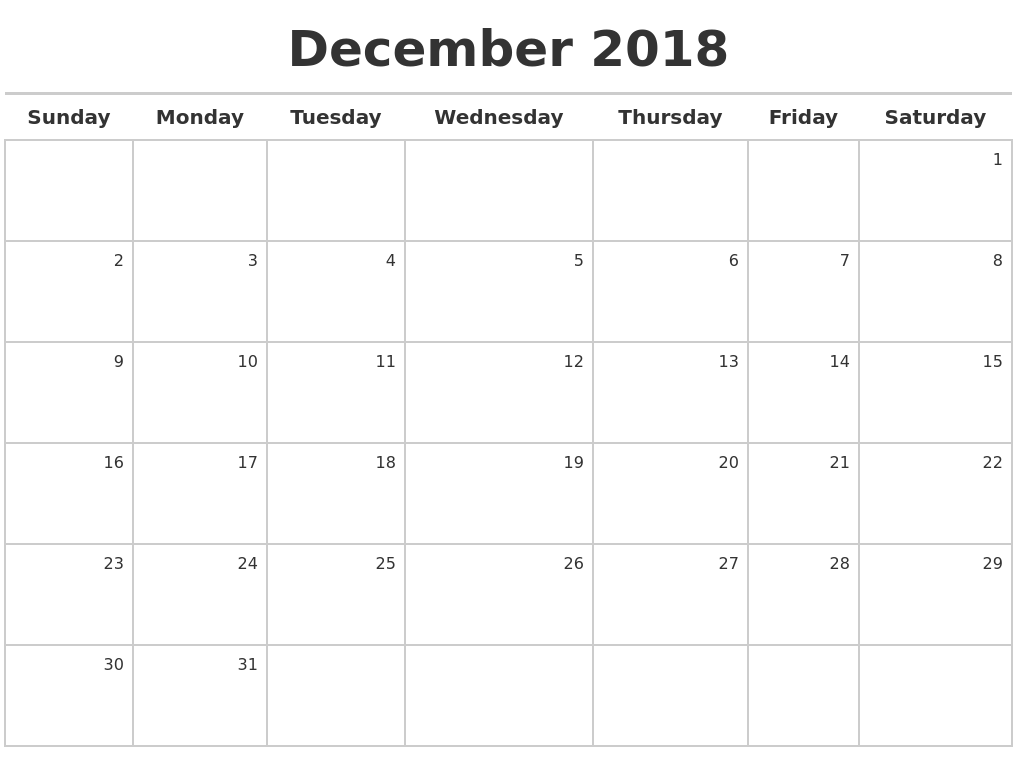 blank calendar dec 2018