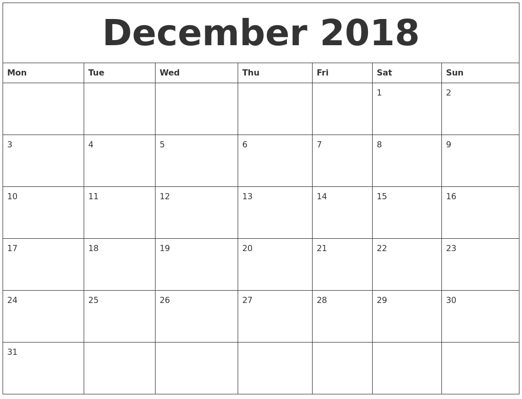 December 2018 Editable Calendar