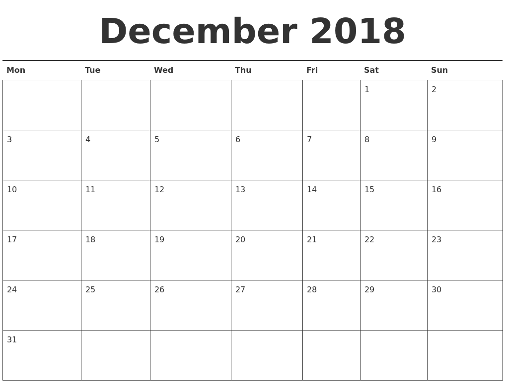 December 2018 Printable Calendar With Holidays