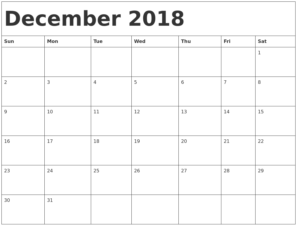 Holidays December Calendar 2018 Printable Template Word