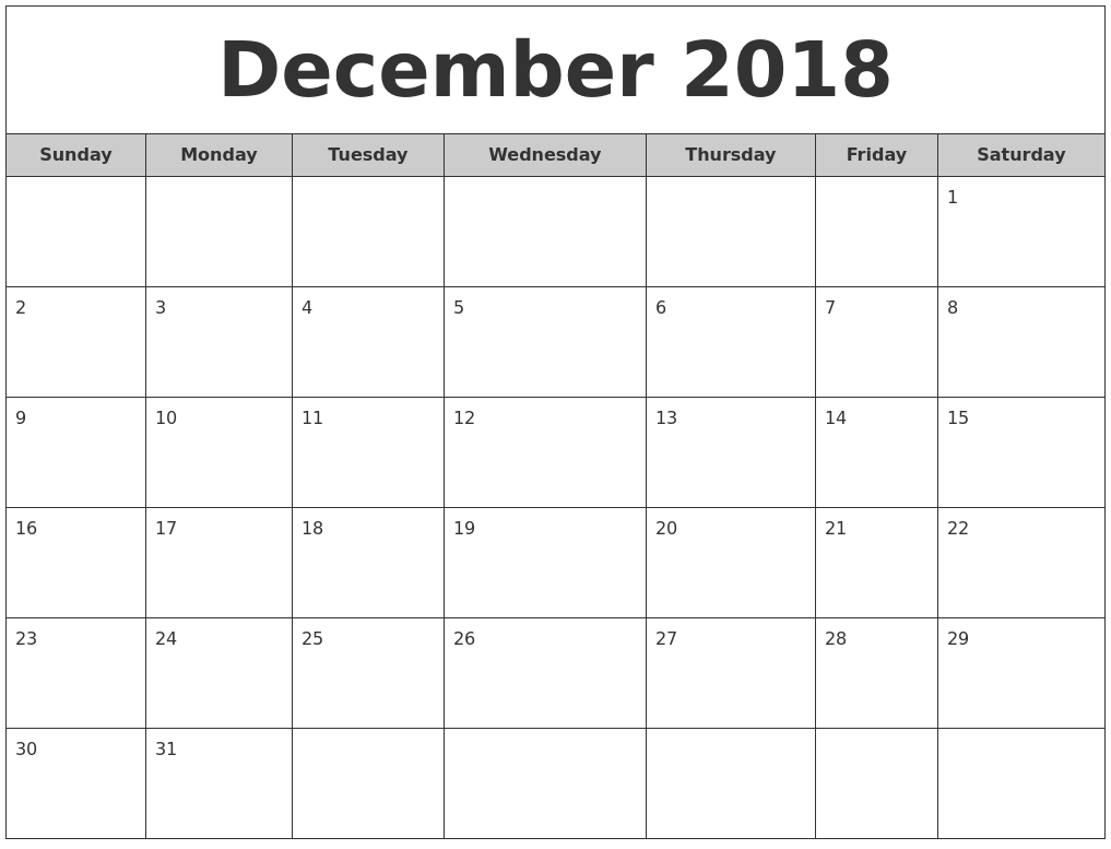 Monthly Calendar For December 2018
