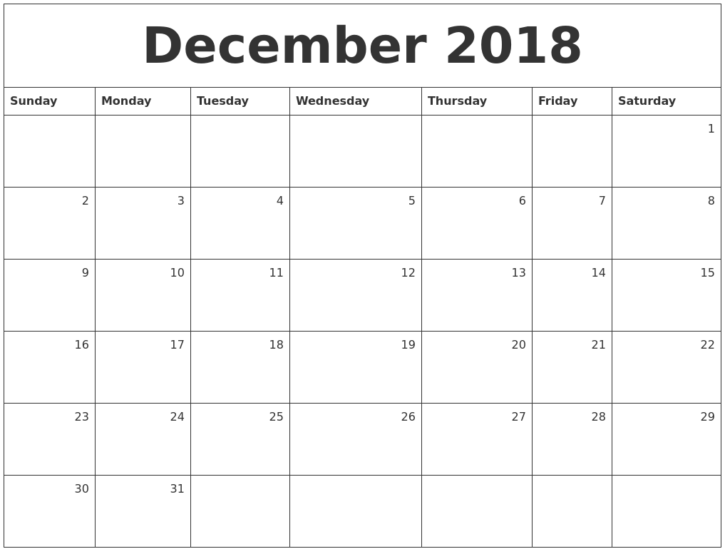 December 2018 Monthly Calendar December 2018 Monthly Calendar