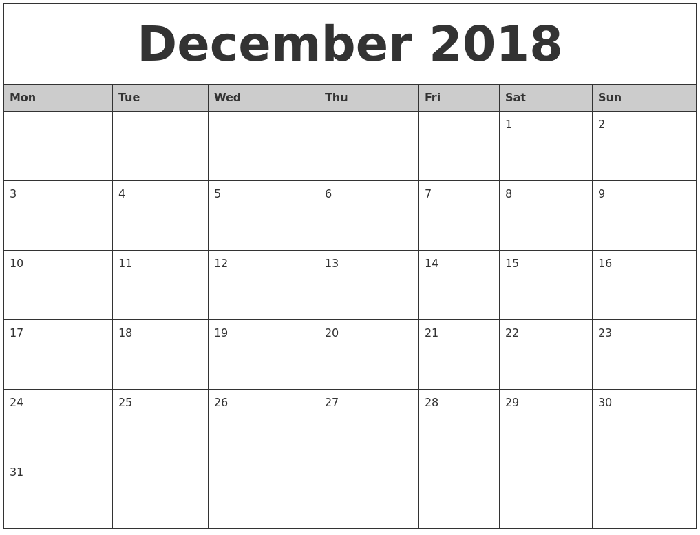 blank calendar december 2018