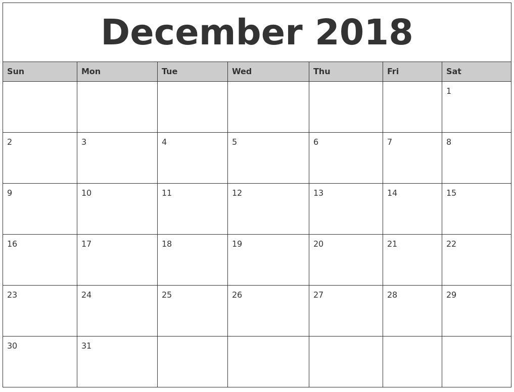 Calendar December Month 2018 UK