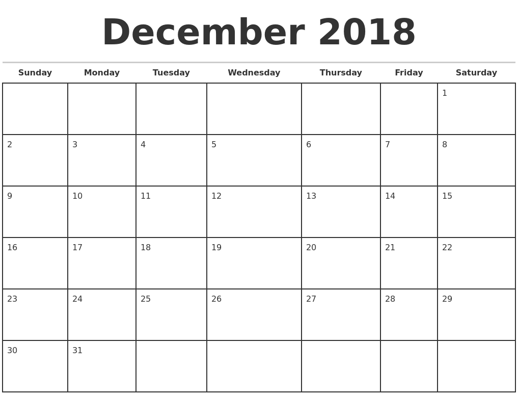 december 2018 monthly calendar