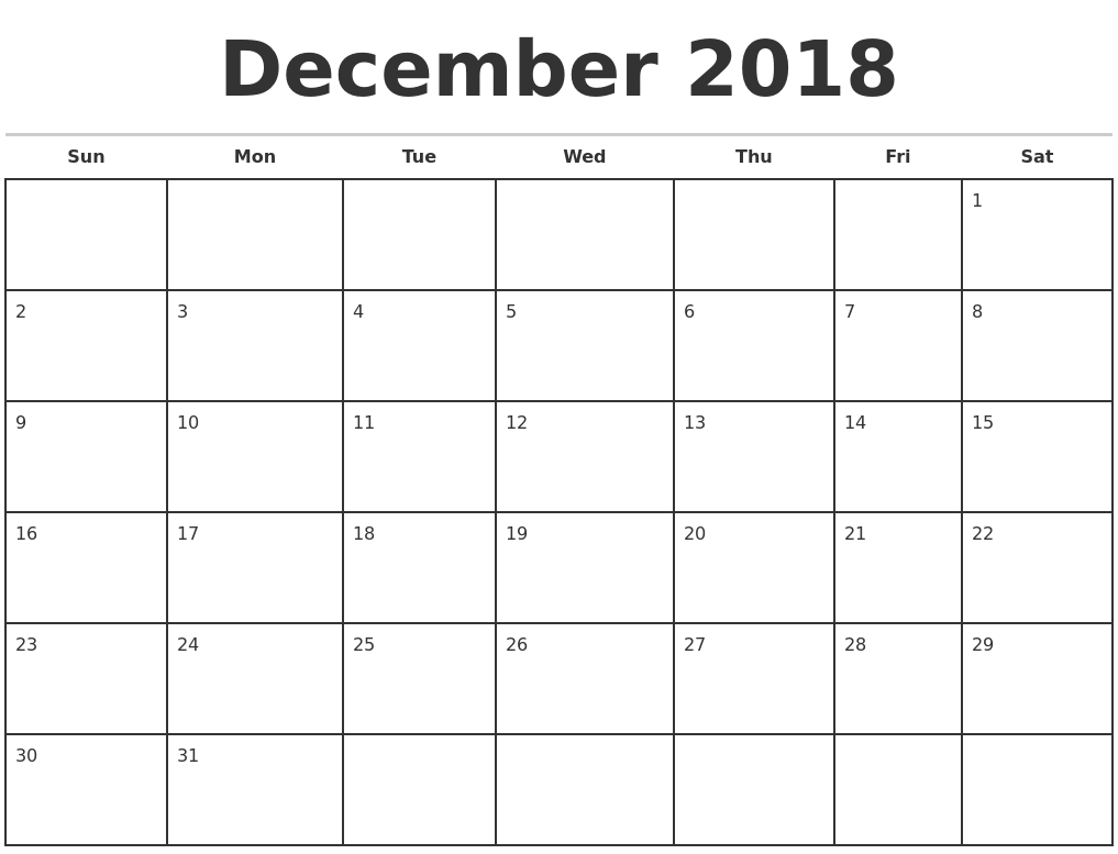 December 2018 Monthly Calendar Template