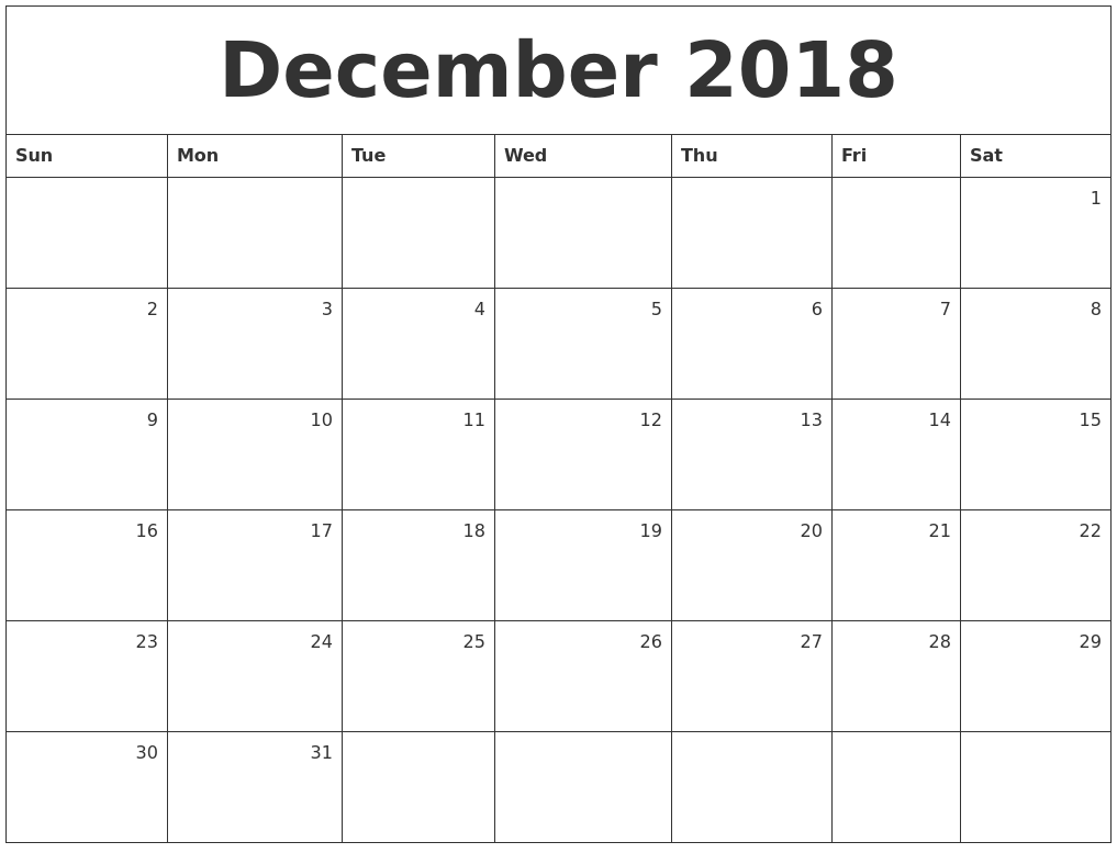 December Month Calendar 2018