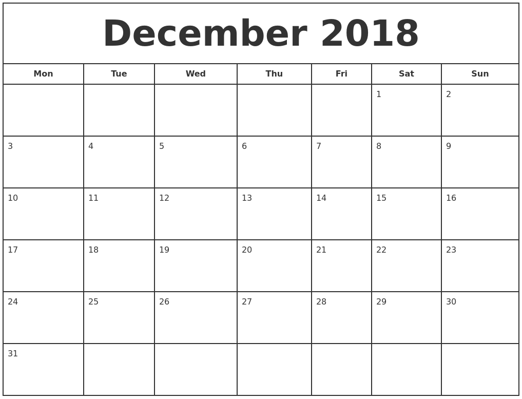 December 2018 Calendar Monthly