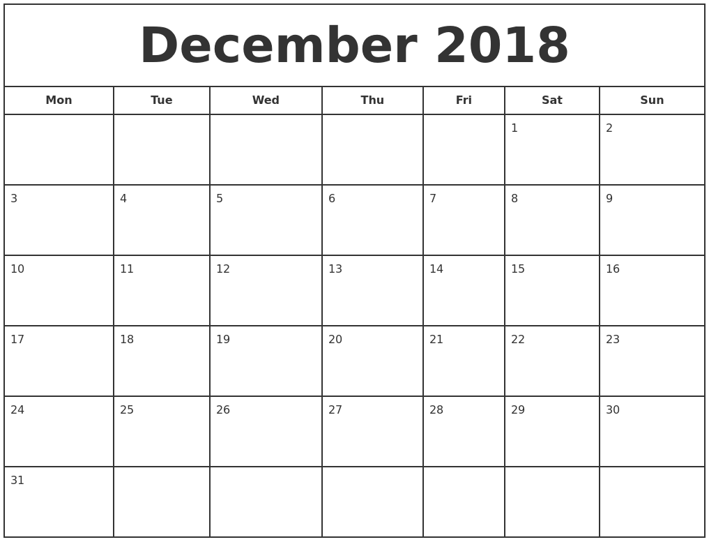 December 2018 Print Free Calendar