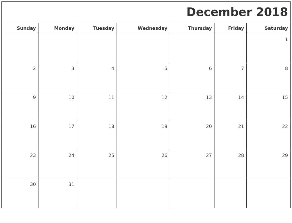 December 2018 Printable Blank Calendar