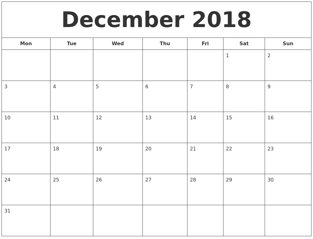 December 2018 Printable Calendar Template