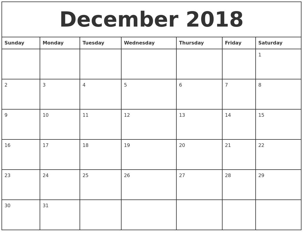 December 2018 Printable Monthly Calendar