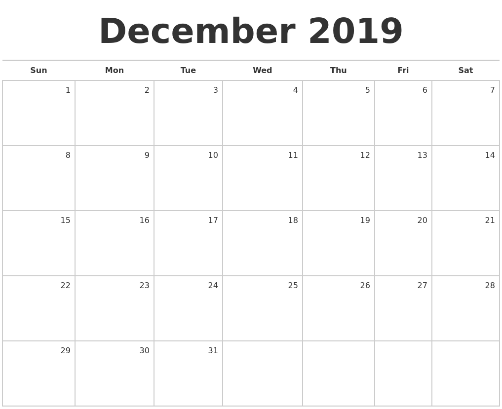 December 2019 Blank Monthly Calendar