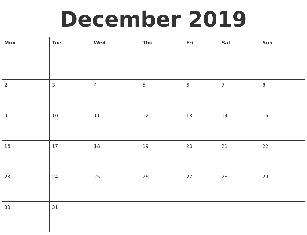 December 2019 Calendar photograph about Printable Monthly Calendar December named December 2019 Calendar