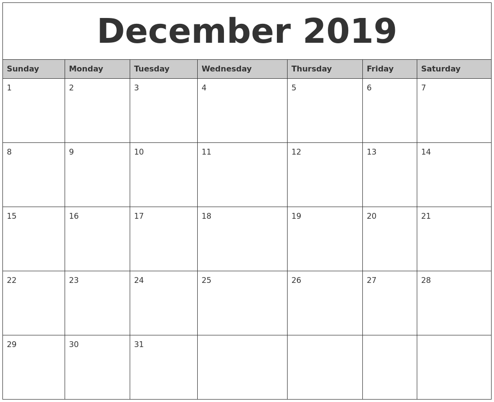 December 2019 Monthly Calendar Printable