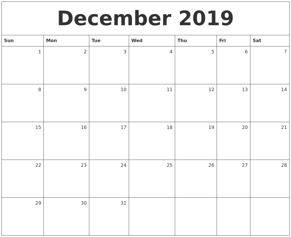 December 2019 Monthly Calendar December 2019 Monthly Calendar