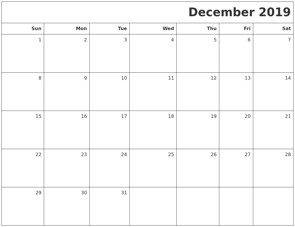 december 2019 printable blank calendar blank calendar december