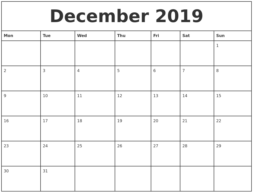 December 2019 Printable Monthly Calendar December 2019 Printable Monthly Calendar
