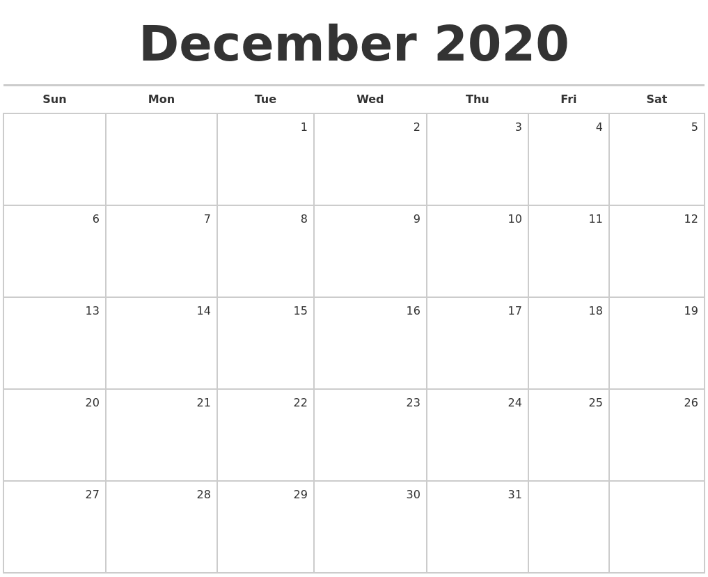 December 2020 Blank Monthly Calendar