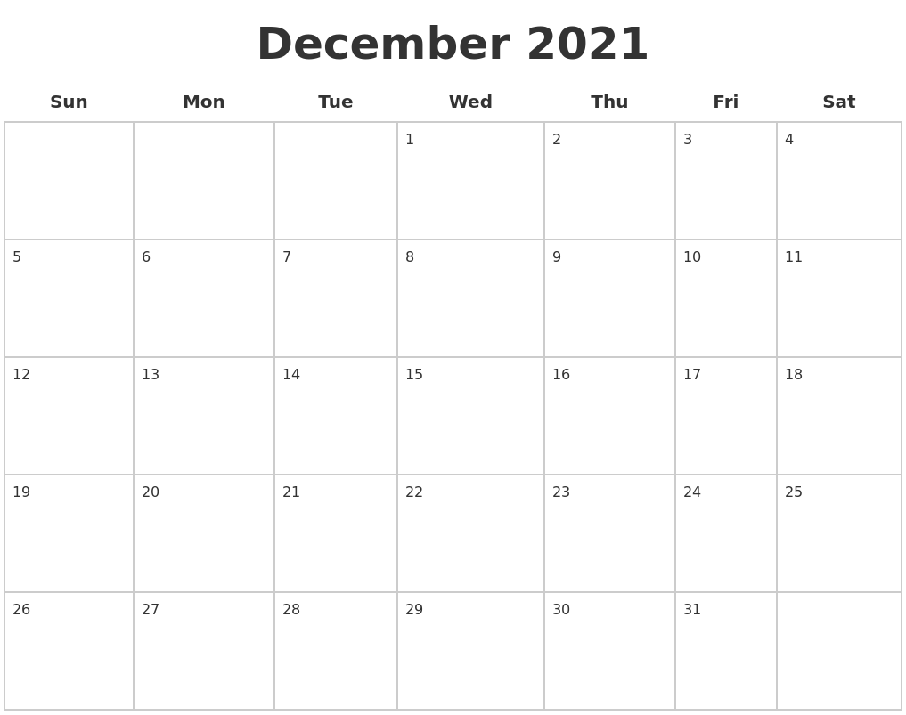 December 2021 Blank Calendar Pages