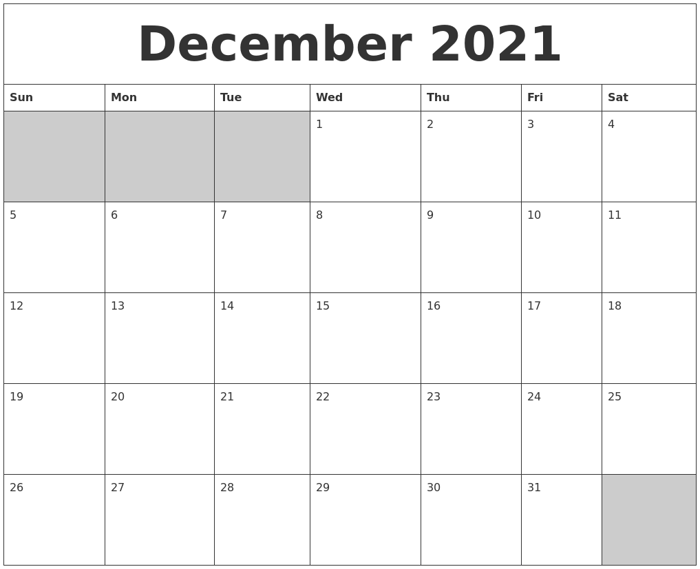 December 2021 Blank Printable Calendar