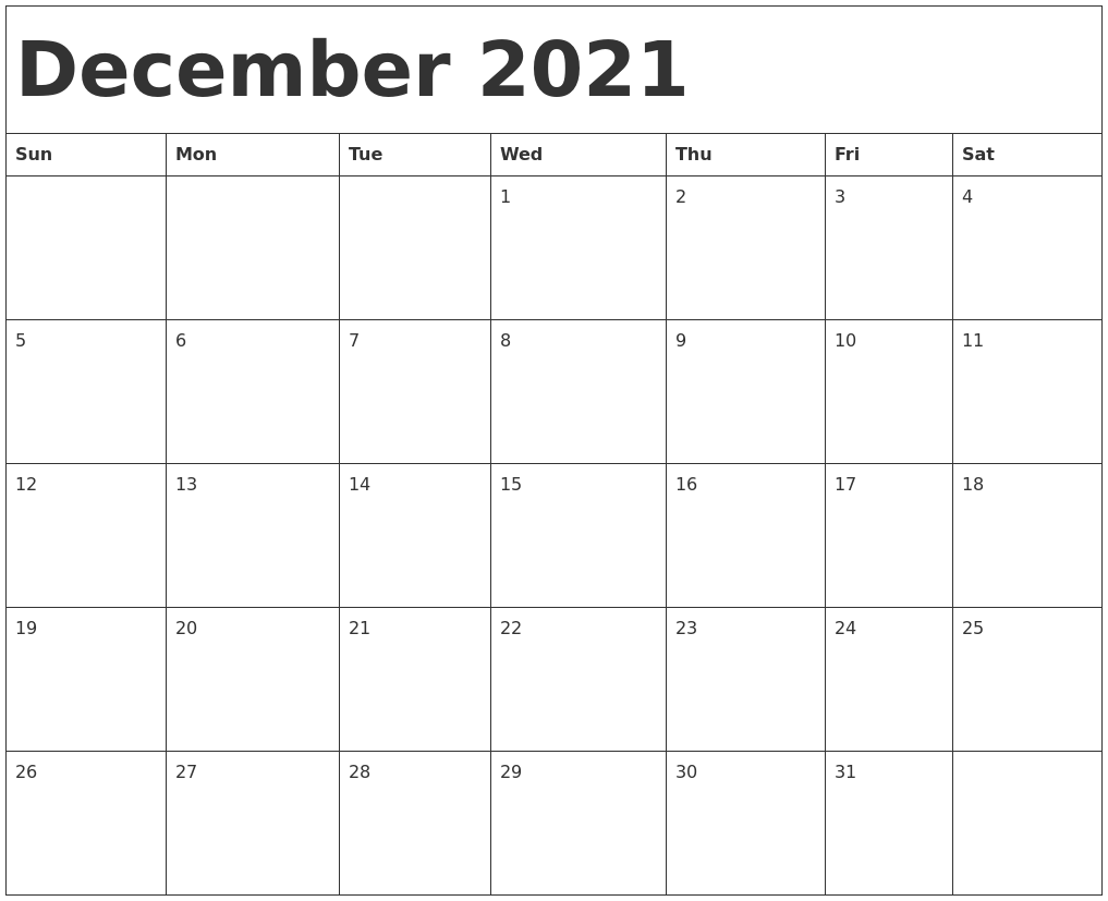 December 2021 Calendar Template