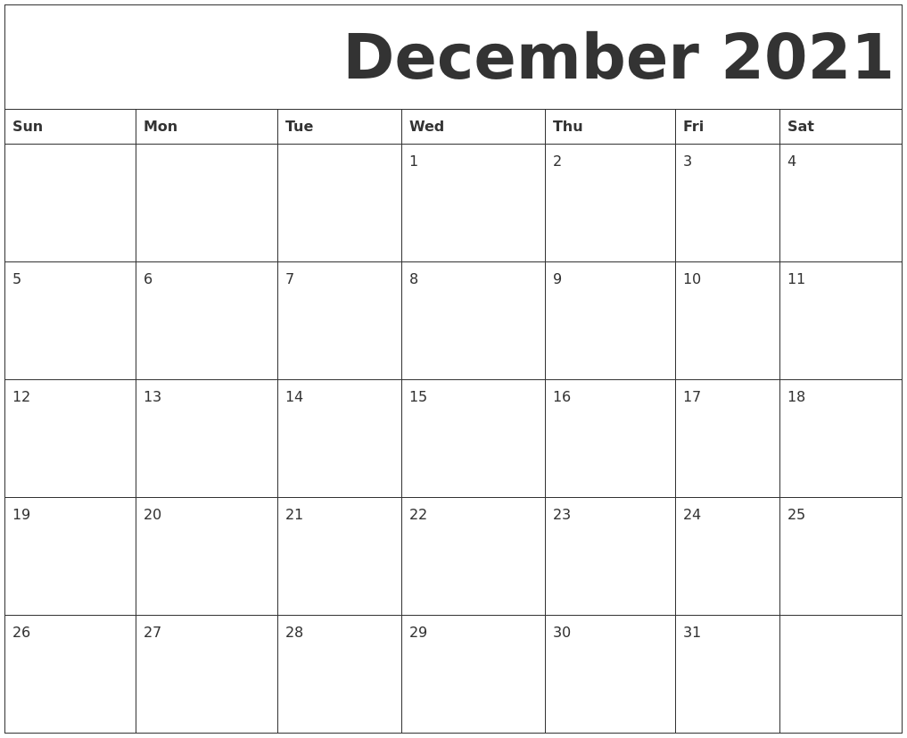 December 2021 Free Printable Calendar