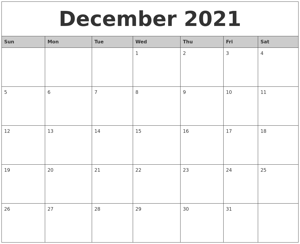 December 2021 Monthly Calendar Printable