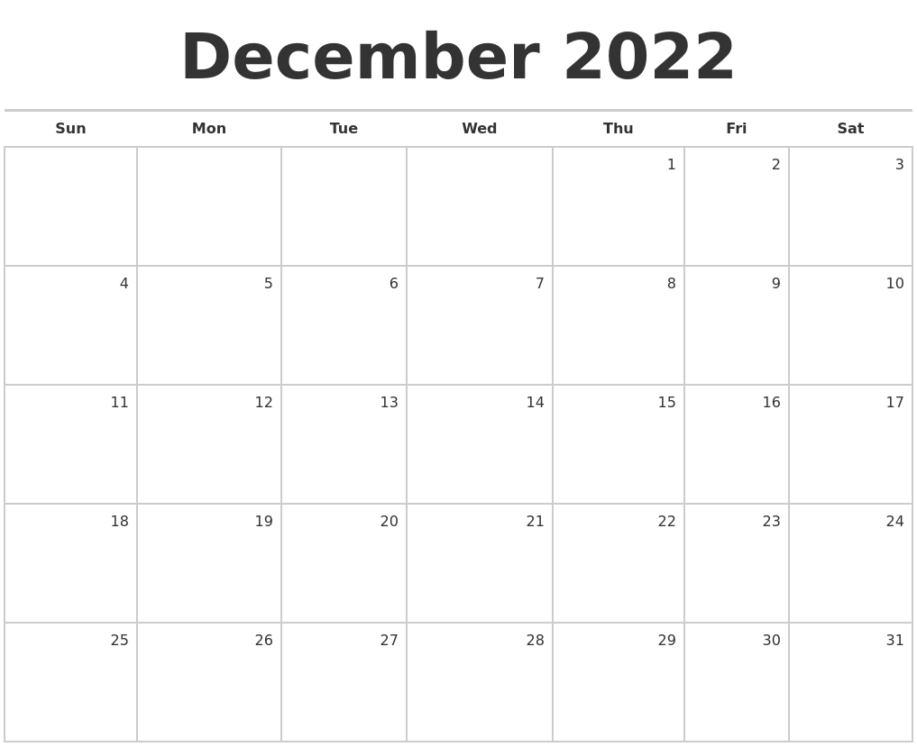 December 2022 Blank Monthly Calendar