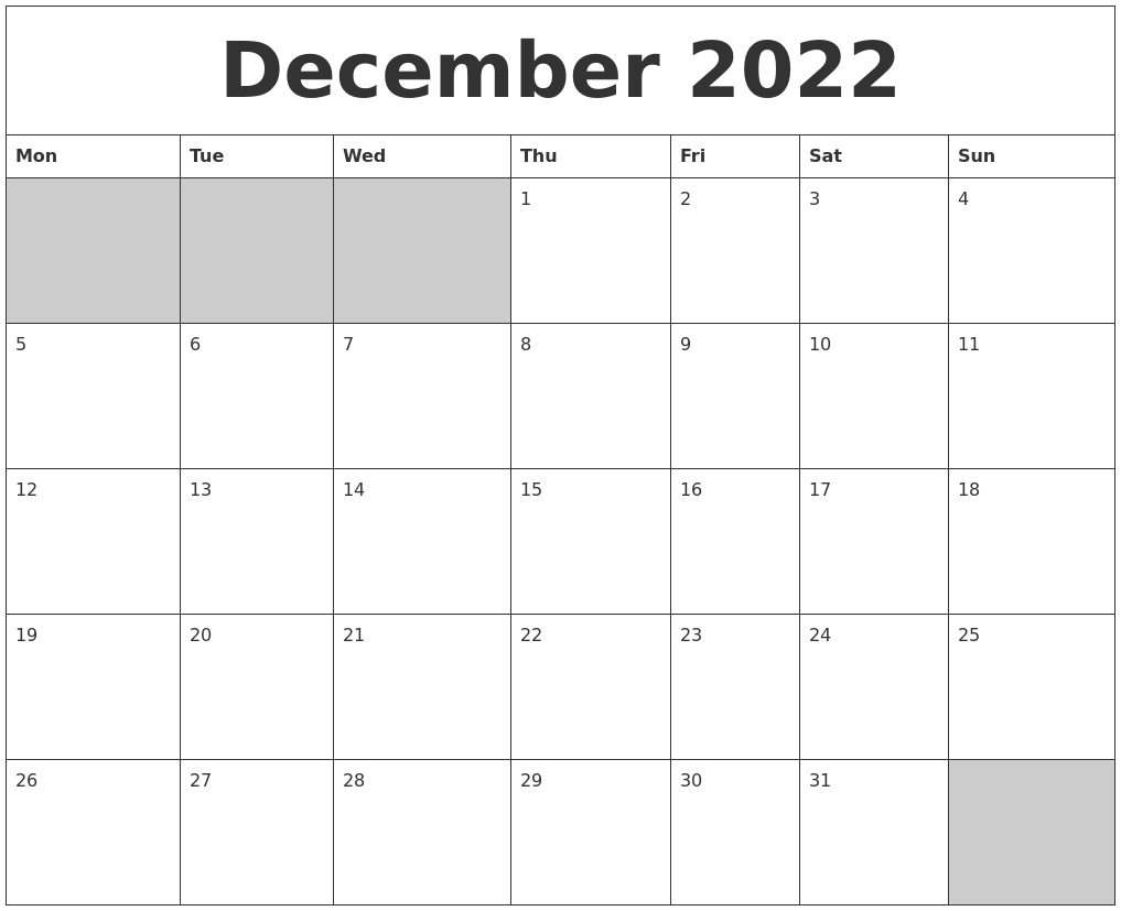 Printable Calendar For December 2022 October 2022 Calendar