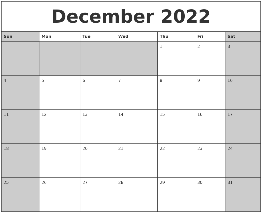 December 2022 Calanders