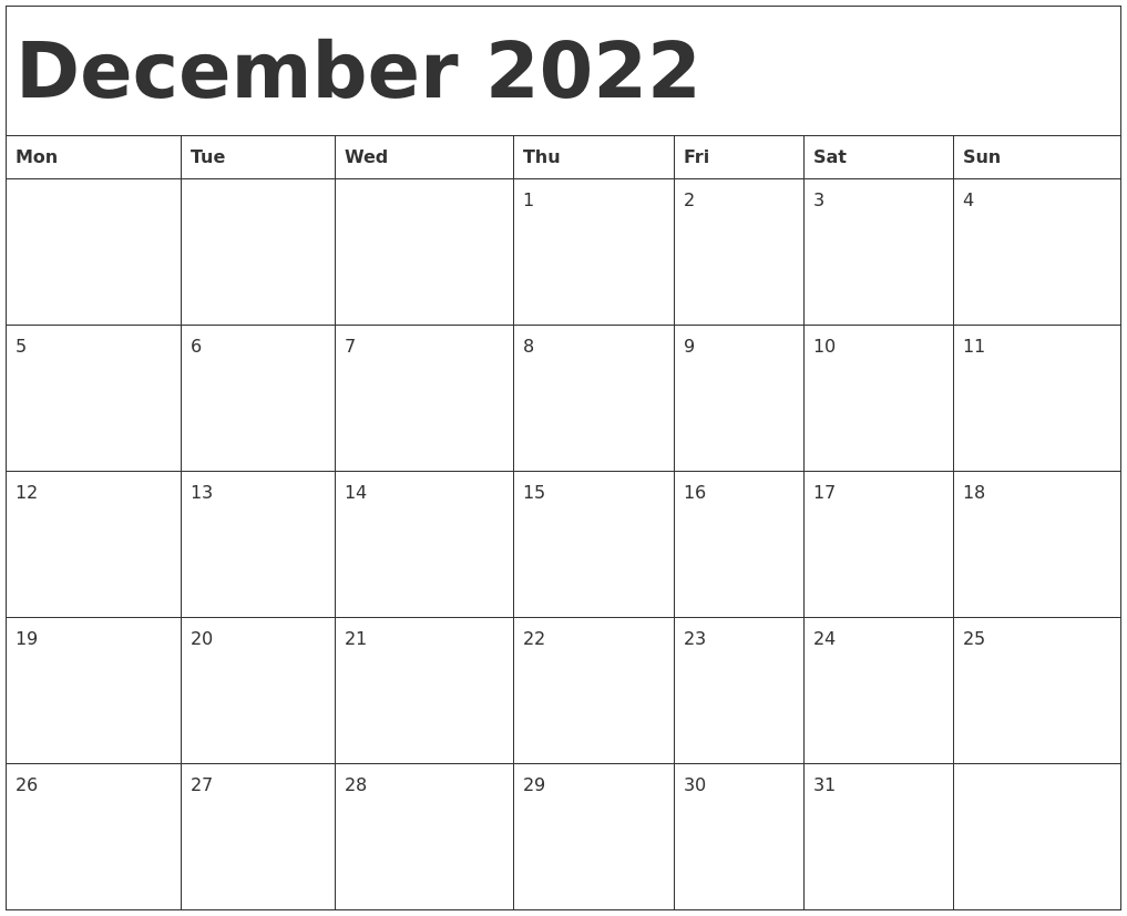December 2022 Calendar Template