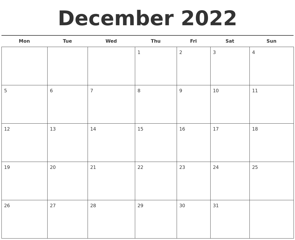 Template December Calendar 2018