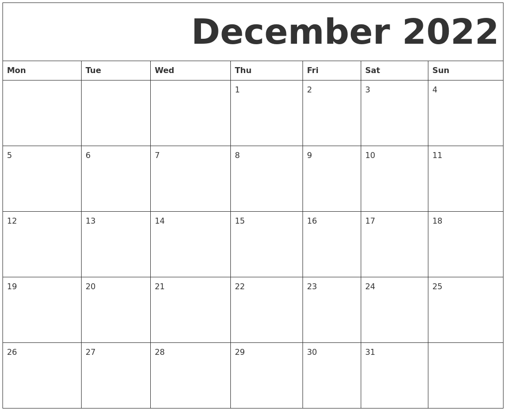 December 2022 Free Printable Calendar