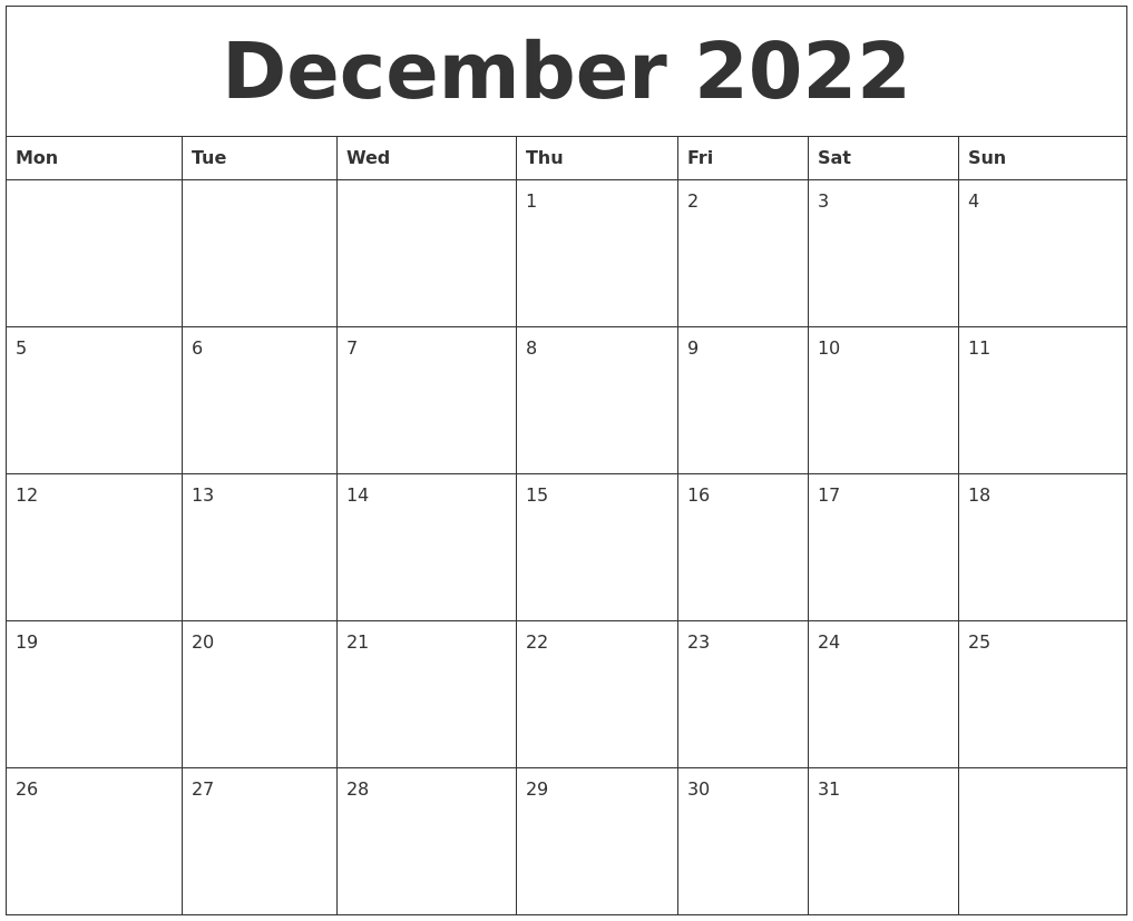 December 2022 Free Printable Monthly Calendar