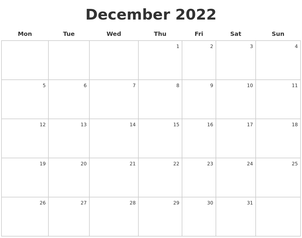 December 2022 Make A Calendar
