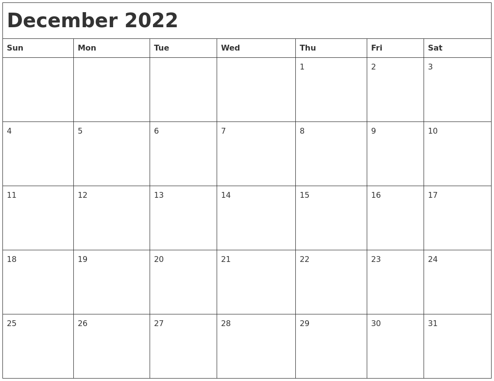 December 2022 Month Calendar