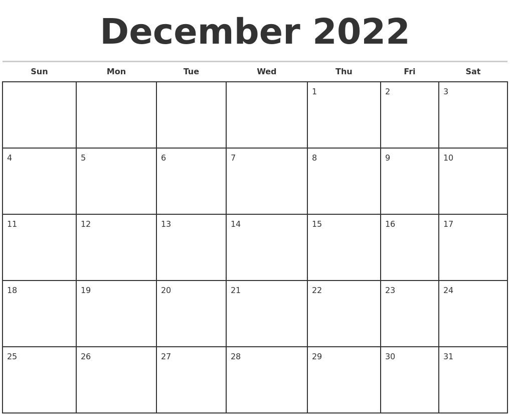 December 2022 Monthly Calendar Template