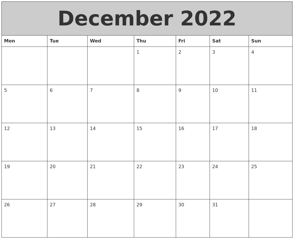 December 2022 My Calendar