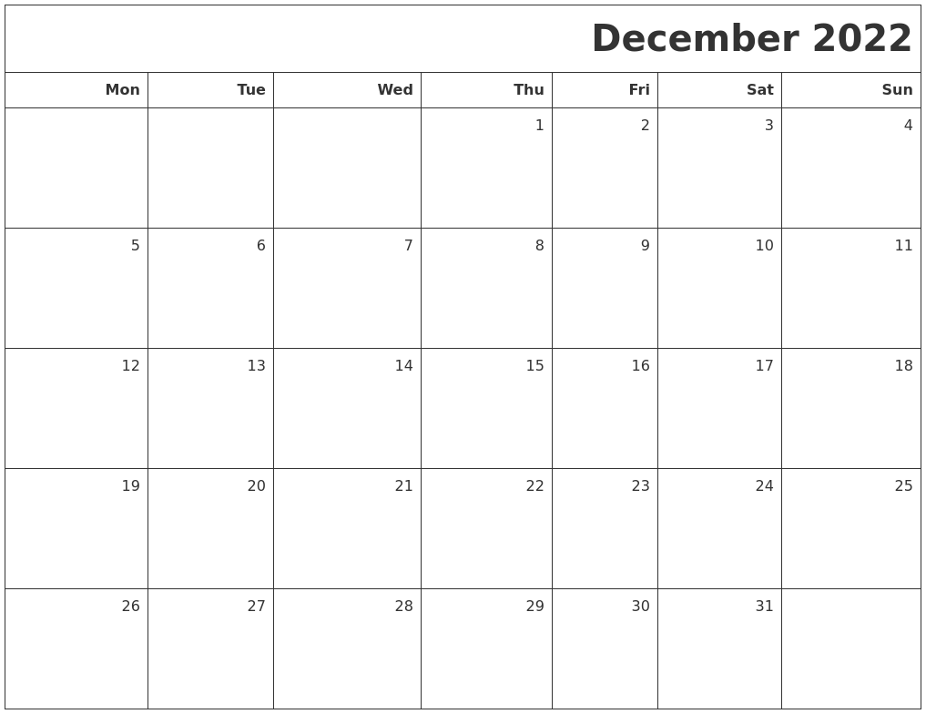 December 2022 Printable Blank Calendar