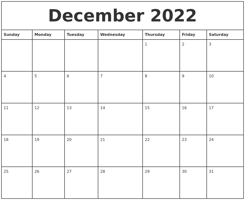 December 2022 Printable Monthly Calendar