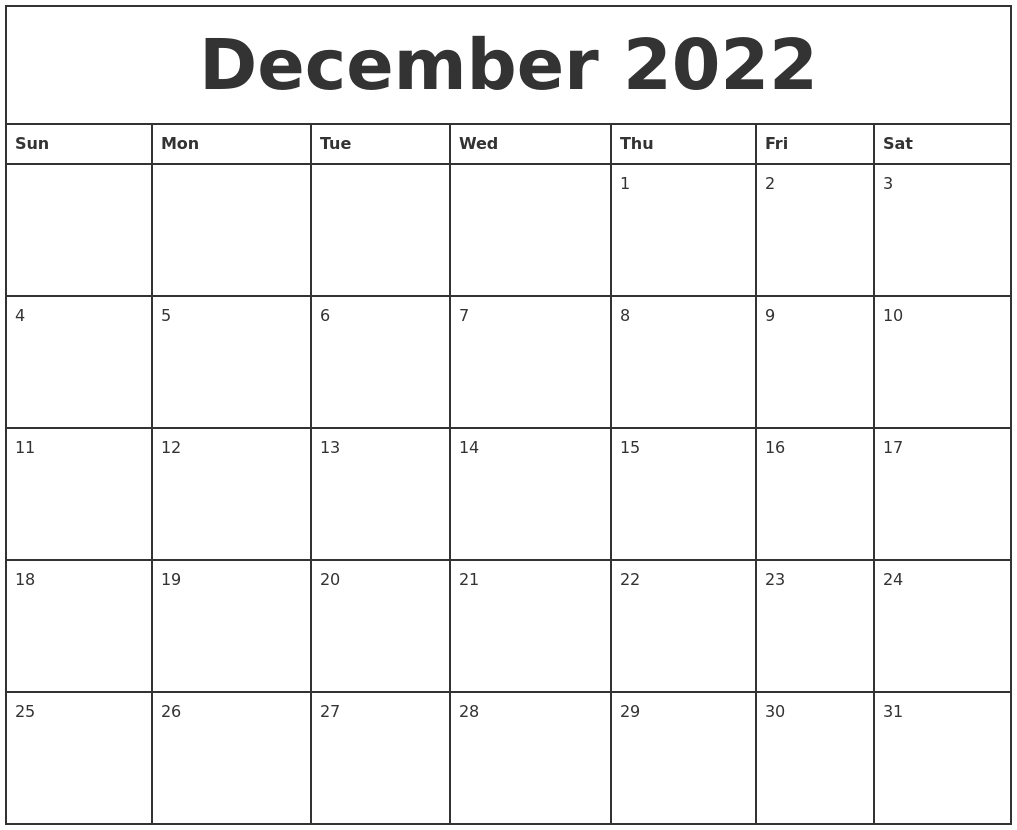 December 2022 Printable Monthly Calendar