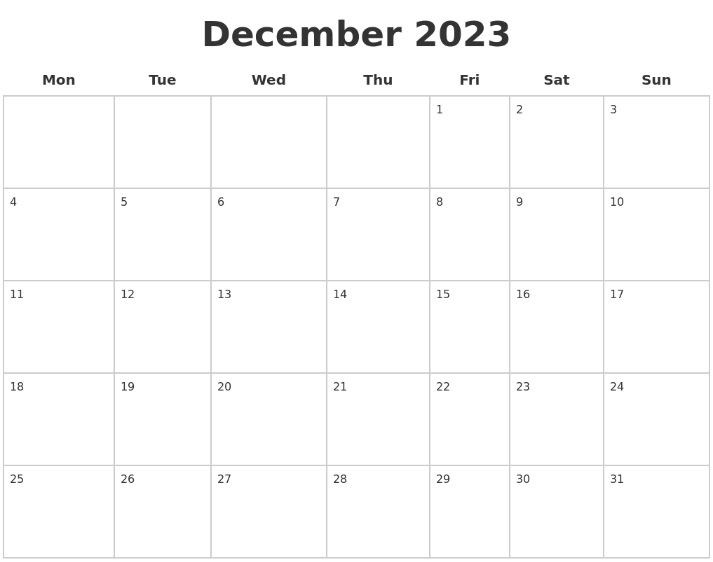 December 2023 Blank Calendar Pages