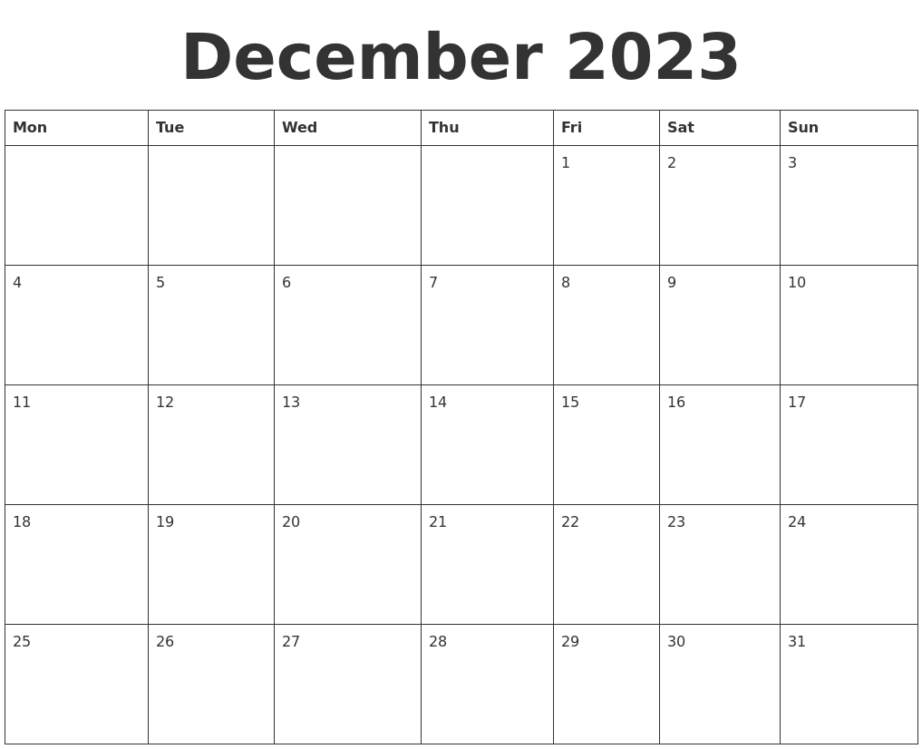 December 2023 Blank Calendar Template