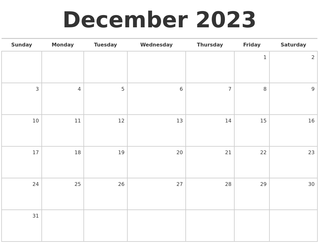 December 2023 Blank Monthly Calendar
