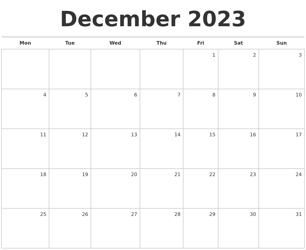 December 2023 Blank Monthly Calendar