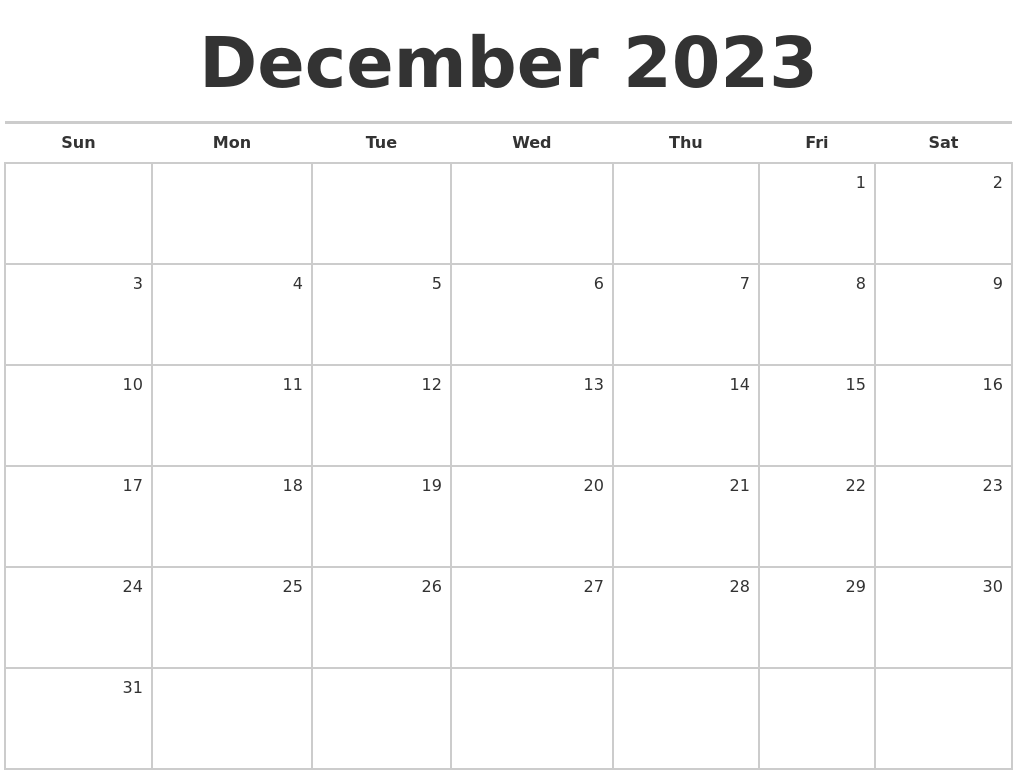 December 2023 Blank Monthly Calendar