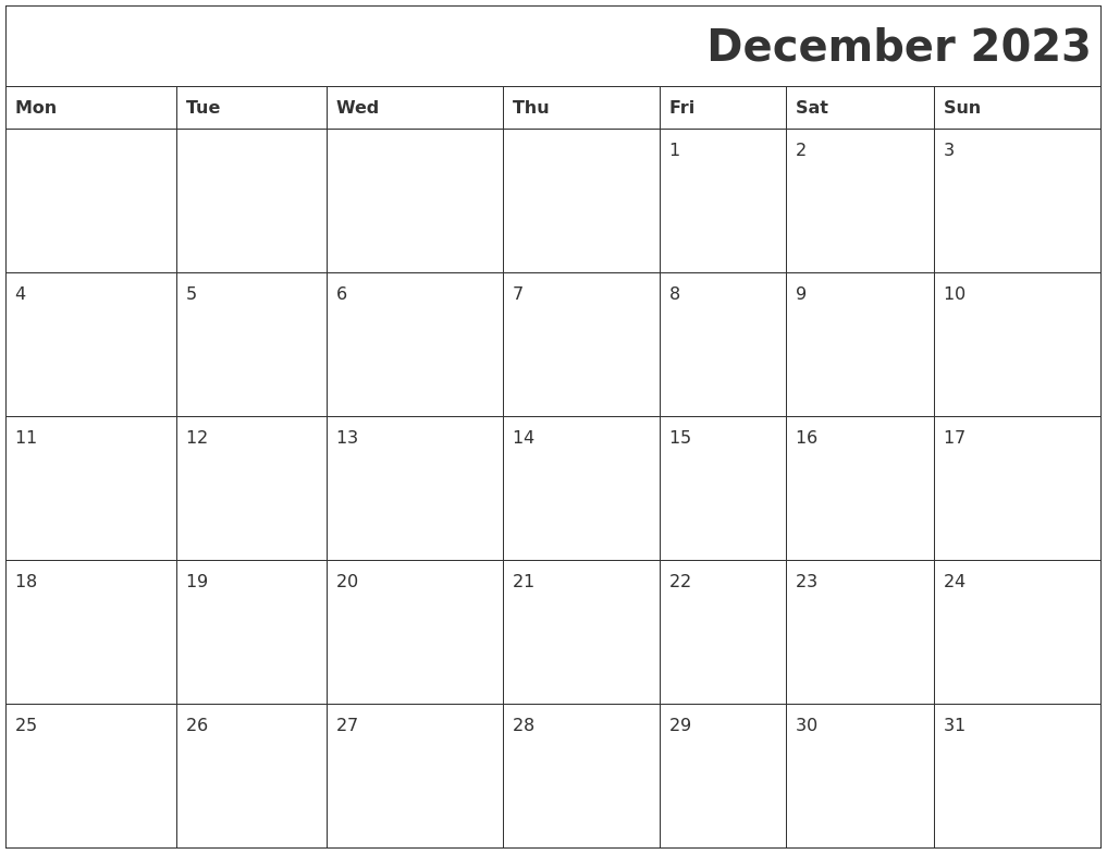 Printable Monthly Calendar December 2023 December 2023 Download Calendar
