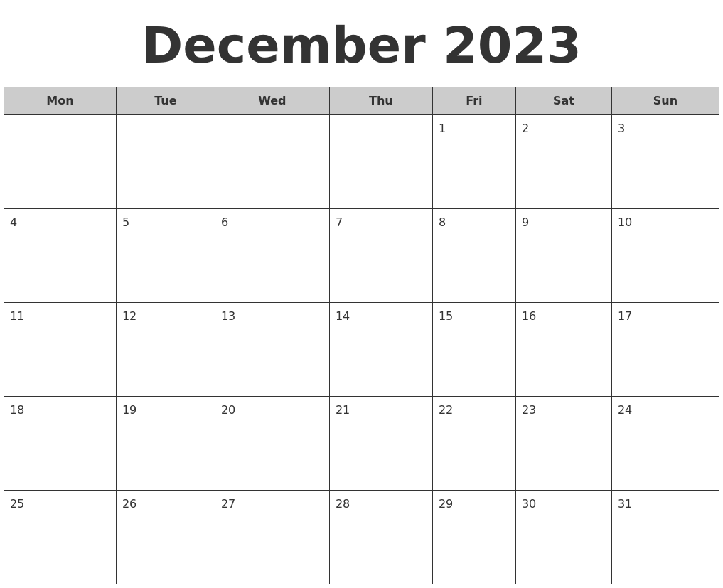 December 2023 Free Monthly Calendar