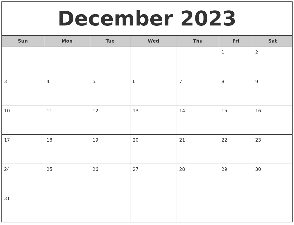 December 2023 Free Monthly Calendar